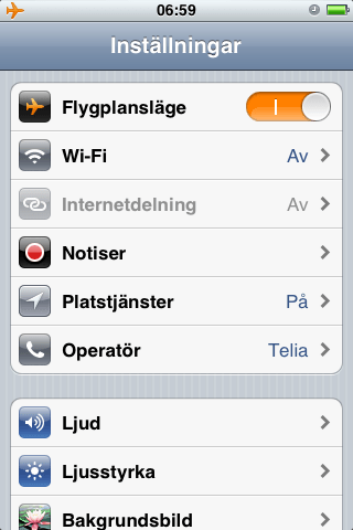Välj "Flygplansläge". Inställningar på iPhone.